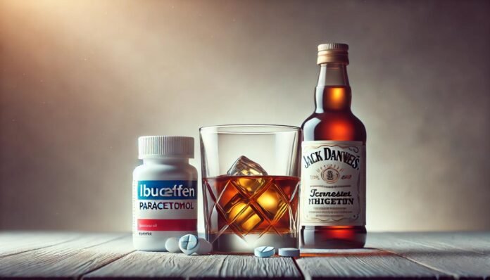 Ibuprofen en alcohol is geen goede combinatie. Het beschadigd de maagwand.