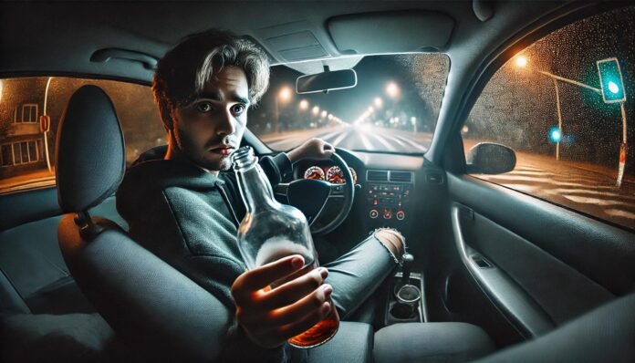 Rijden onder invloed kan verschrikkelijke gevolgen hebben. Deze jongen drink in de auto alcohol en loopt de kans op zijn rijbewijs kwijt te raken.