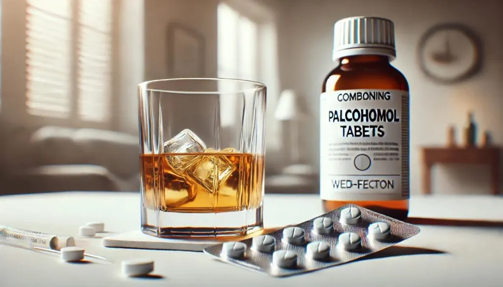 Glas alcohol naast een strip pijnstillers