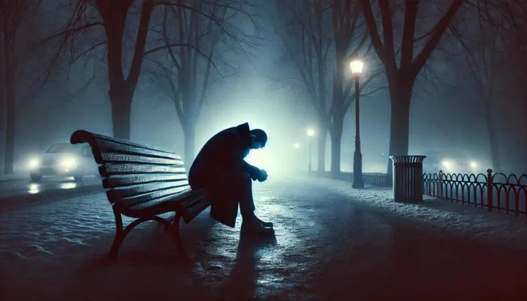 Deze man heeft last van een depressie en zit in zijn eentje op een bankje. Mijn tips gaan een einde maken aan zijn depressiviteit.
