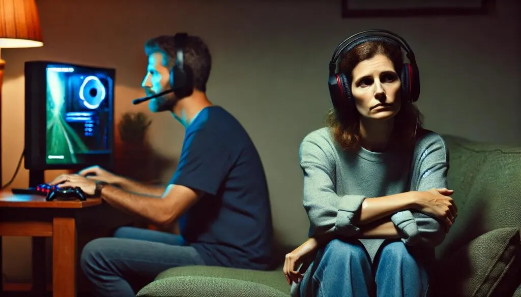 Gameverslaafde die met een headset achter de computer zit