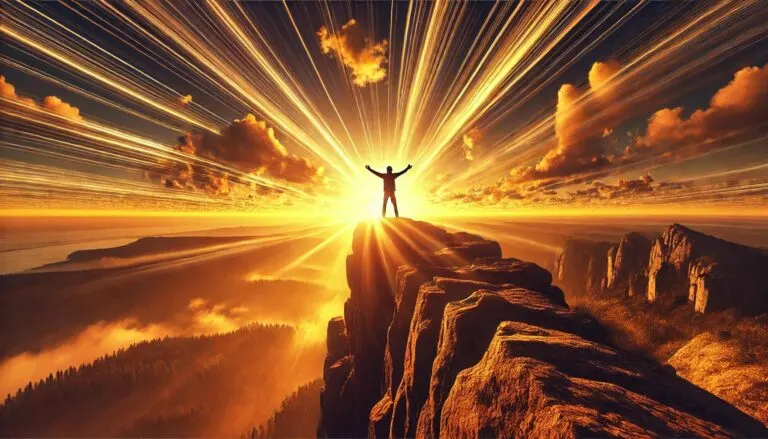 Inspirerende afbeelding van een persoon die met uitgestrekte armen op een klif staat, uitkijkend over een zonsopgang boven een uitgestrekt landschap. De warme gouden tinten symboliseren een sterke mindset, persoonlijke groei en eindeloze mogelijkheden.
