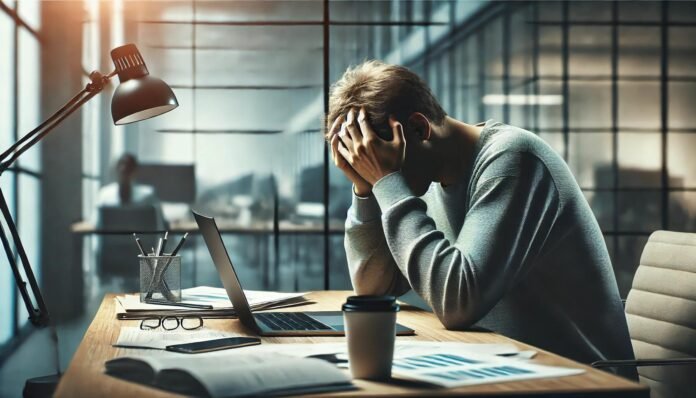 Een overspannen man zit aan een bureau in een moderne kantooromgeving, met het hoofd in de handen, omringd door papieren, een laptop en een koffiekopje, wat de gevoelens van stress en overbelasting benadrukt.