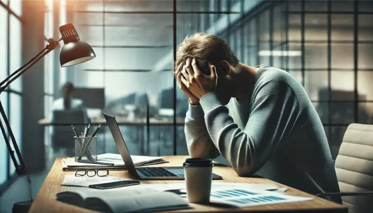 Een overspannen man zit aan een bureau in een moderne kantooromgeving, met het hoofd in de handen, omringd door papieren, een laptop en een koffiekopje, wat de gevoelens van stress en overbelasting benadrukt.