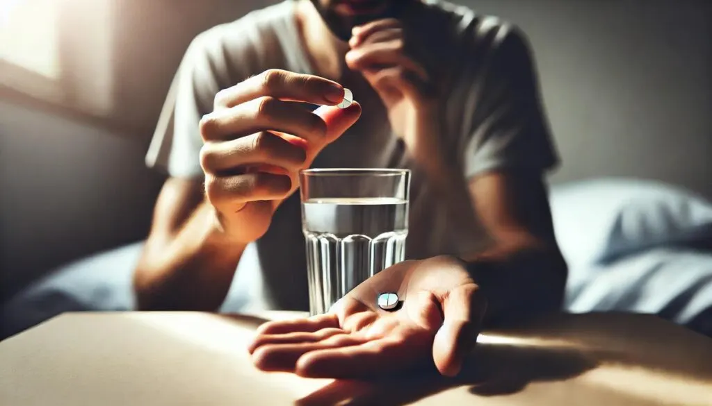 Hand met een pijnstillertablet en een glas water