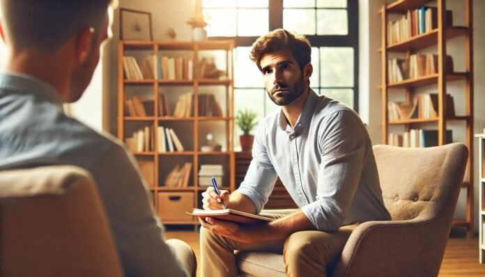 Hier zie je een psychiater die in gesprek is met een client van ons.