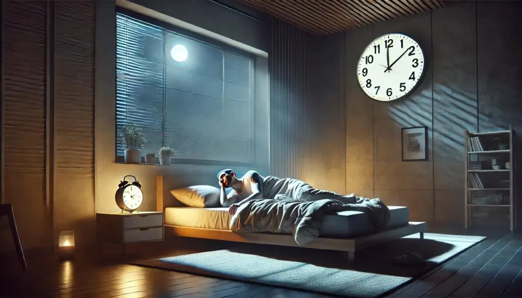 Iemand ligt 's nachts wakker in bed door slaapproblemen