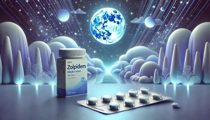 Illustratie van een Zolpidem concept met een rustgevende nachtelijke scène, inclusief een zacht gloeiende maan en sterren op de achtergrond, en een subtiele weergave van pillen en verpakking op de voorgrond. Het beeld heeft een kalmerende blauw-paarse kleurencombinatie die slaap en ontspanning symboliseert.