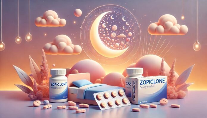 Conceptuele afbeelding van Zopiclone medicatie met een rustgevende avondscène in warme pastelkleuren, zoals zachte roze, oranje en paarse tinten. De achtergrond toont een abstracte voorstelling van slaap met wolken en een halve maan, terwijl pillen en verpakkingen subtiel op de voorgrond worden weergegeven in een professioneel en minimalistisch ontwerp.