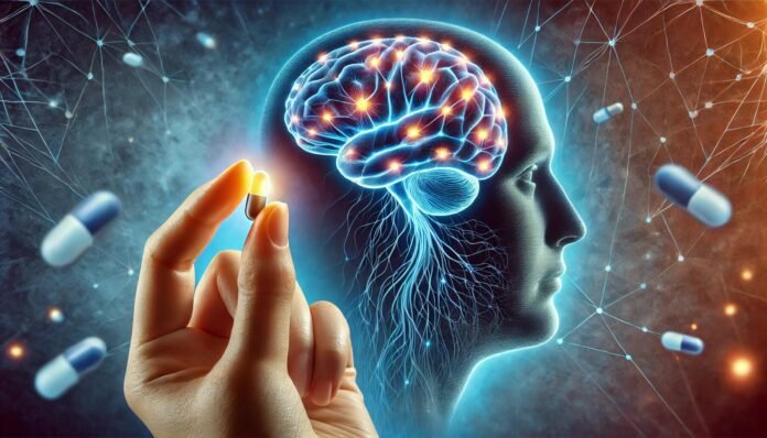 Conceptuele afbeelding van de effecten van antidepressiva op de hersenen. Een menselijk brein met gloeiende neurale verbindingen symboliseert neurotransmitteractiviteit, terwijl een hand een pil vasthoudt. De achtergrond combineert kalmerende blauwe tinten met donkere accenten, wat zowel verlichting als mogelijke bijwerkingen weergeeft.