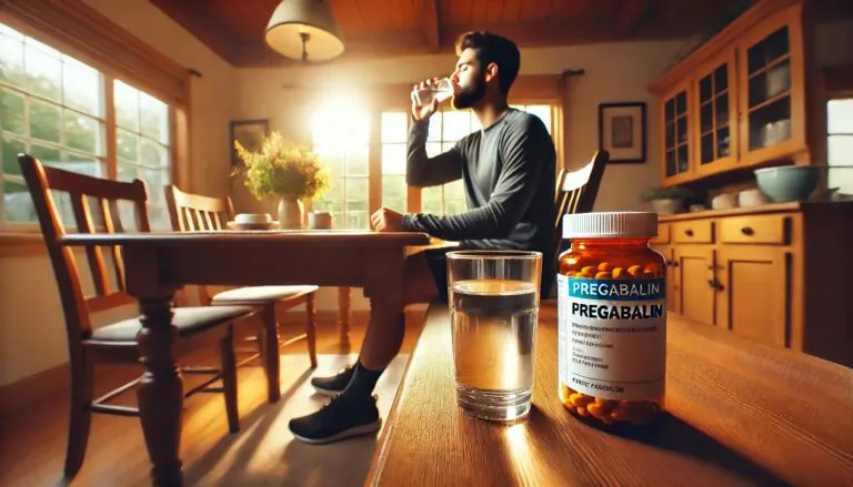 Een persoon in joggingkleding zit aan een houten eettafel en neemt pregabaline-medicatie met een glas water. Op de tafel staat een duidelijk zichtbaar potje met het label 'Pregabalin'. De setting is een warme, gezellige huiskamer met natuurlijke verlichting en subtiele decoraties zoals een bloemenvaas."