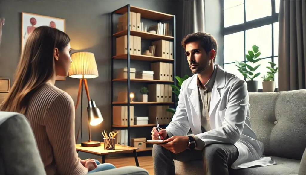 Gesprek tussen een psychiater en iemand die hulp zoekt