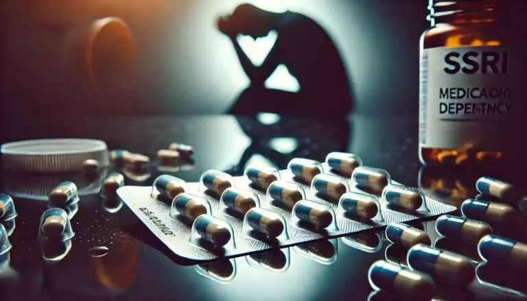 Een conceptuele afbeelding van SSRI-medicatieverslaving. Een blisterverpakking met SSRI-pillen ligt op een reflecterend oppervlak, met enkele capsules die eruit zijn gevallen. Op de achtergrond is een silhouet van een persoon te zien die zijn hoofd vasthoudt, wat de emotionele worsteling en ontwenningsverschijnselen symboliseert. De belichting is dramatisch en benadrukt de tegenstelling tussen medicatie en mentale gezondheid.