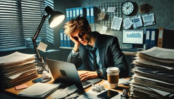 Een persoon die lijdt aan surmenage, zittend aan een rommelig bureau op kantoor, omringd door stapels papier, een laptop en een koffiekop, met een uitgeputte en gestreste uitstraling in een drukke werkomgeving.