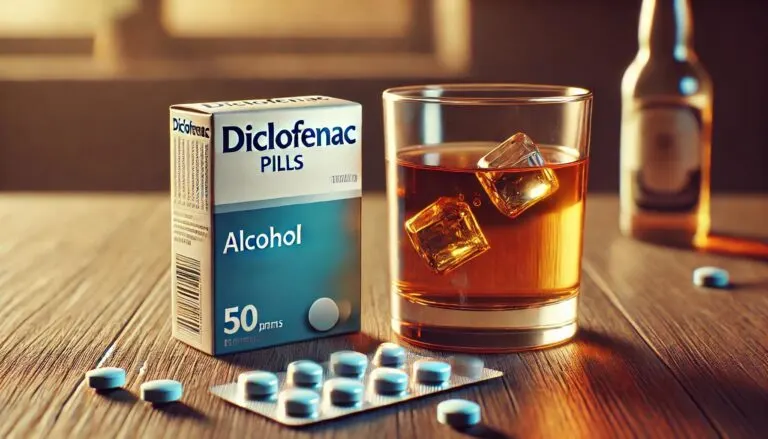 Diclofenac en alcohol combineren kan riskant zijn. Op deze tafel staan beide producten.