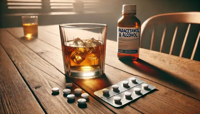 Je kunt Paracetamol en alcohol beter niet combineren. Beide producten staan hier op tafel.