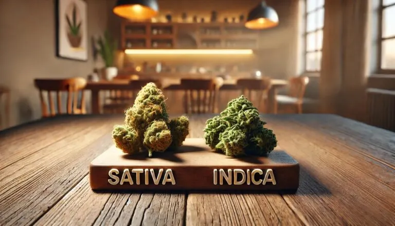 Sativa vs indica naast elkaar op een tafel om met elkaar te vergelijken.