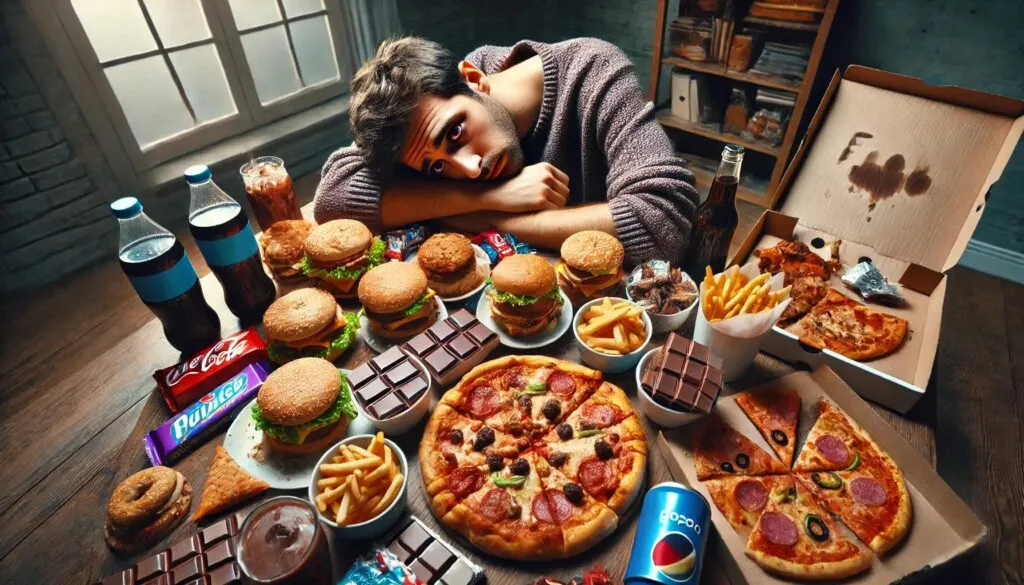 Iemand die worstelt met een ongezonde relatie met eten